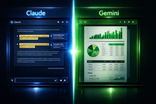 Claude vs Gemini for document analysis split-screen showing AI interfaces analyzing legal documents and PDF data with annotations and charts