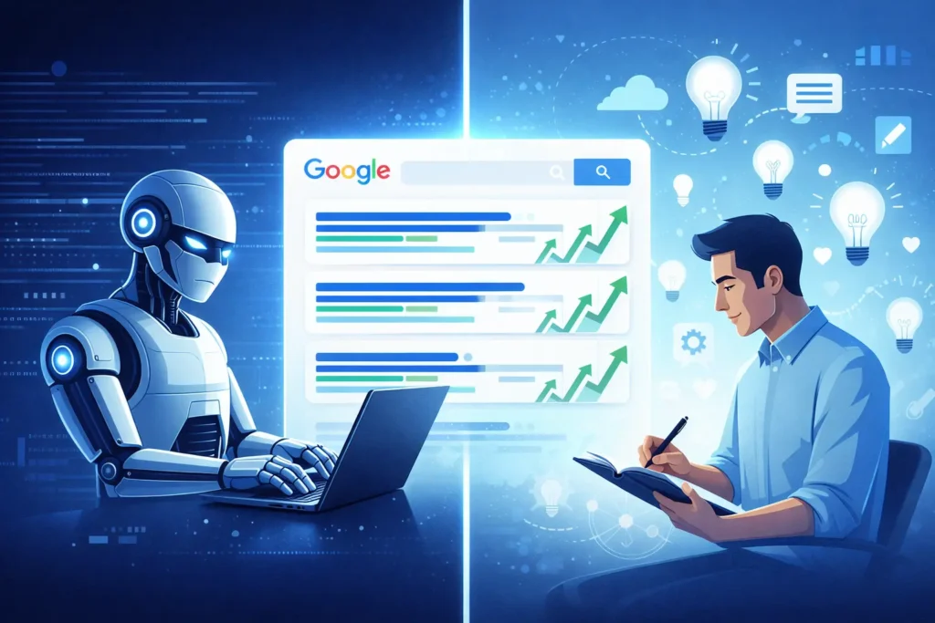 Split-screen illustration of AI robot typing on laptop and human writer with notebook, centered Google search results page with rising SEO graphs