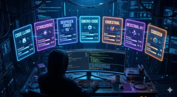A silhouette of a developer working at a desk facing a glowing holographic display of seven AI coding model cards with benchmark charts in a dark, futuristic room with blue and purple neon lighting.
