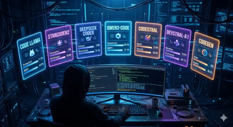A silhouette of a developer working at a desk facing a glowing holographic display of seven AI coding model cards with benchmark charts in a dark, futuristic room with blue and purple neon lighting.