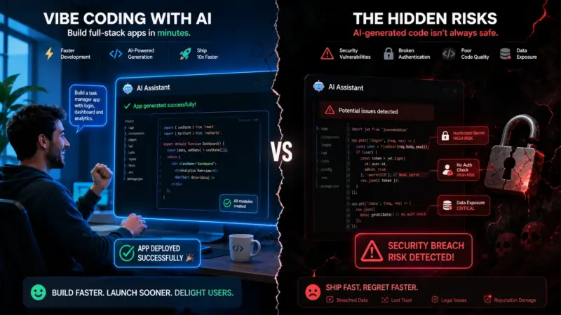 Split-screen illustration showing a developer building an app quickly with AI on one side and security vulnerabilities, broken lock, and warning alerts in AI-generated code on the other