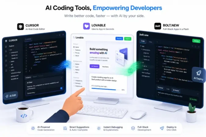 Modern flat illustration of AI coding tools like Cursor, Lovable, and Bolt.new with code flowing between multiple screens in a minimalist workspace