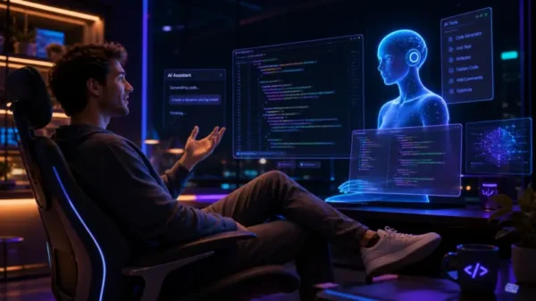 Futuristic developer using voice-based AI assistant to generate code in a neon-lit workspace with holographic screens