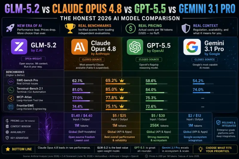 GLM-5.2 vs Claude Opus 4.8 vs GPT-5.5 vs Gemini 3.1 Pro: The Honest 2026 Breakdown