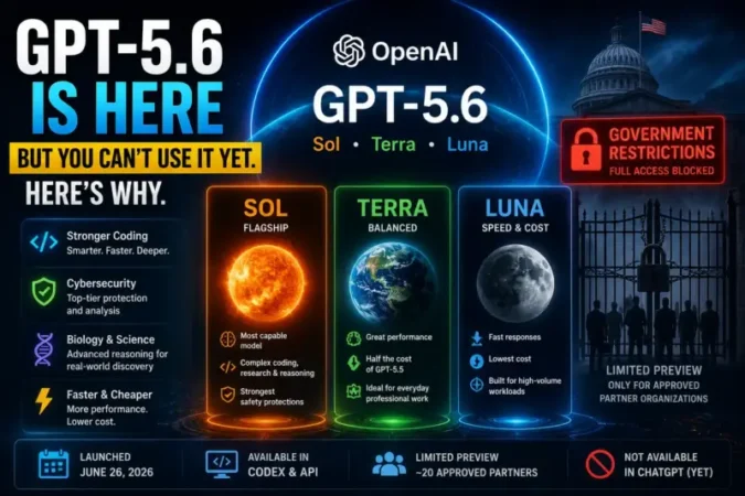 GPT-5.6 Sol, Terra and Luna launch showing limited preview, government restrictions, and unavailable access for ChatGPT users in June 2026