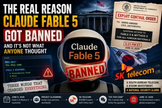 Feature image showing Claude Fable 5 banned due to US export controls, SK Telecom's South Korea connection, and the "fix this code" security bypass.